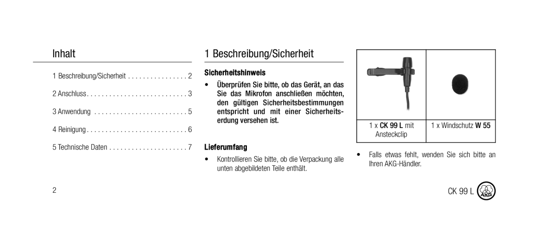 AKG Acoustics CK99L manual Inhalt, Beschreibung/Sicherheit, Sicherheitshinweis, Lieferumfang 