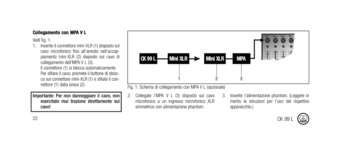 AKG Acoustics CK99L manual Collegamento con MPA V L Vedi fig 