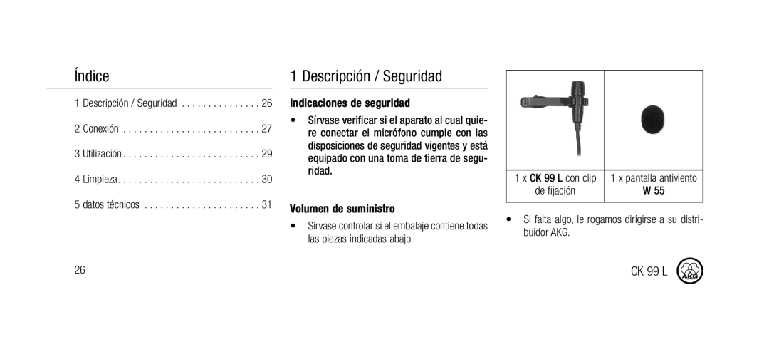 AKG Acoustics CK99L manual Índice, Descripción / Seguridad, Indicaciones de seguridad, Volumen de suministro 