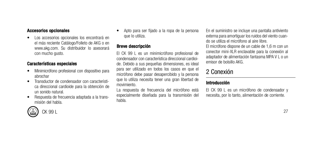 AKG Acoustics CK99L manual Conexión, Introducción 