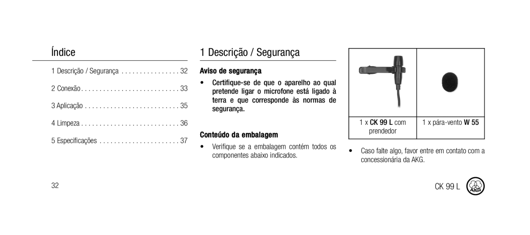 AKG Acoustics CK99L manual Índice, Descrição / Segurança 