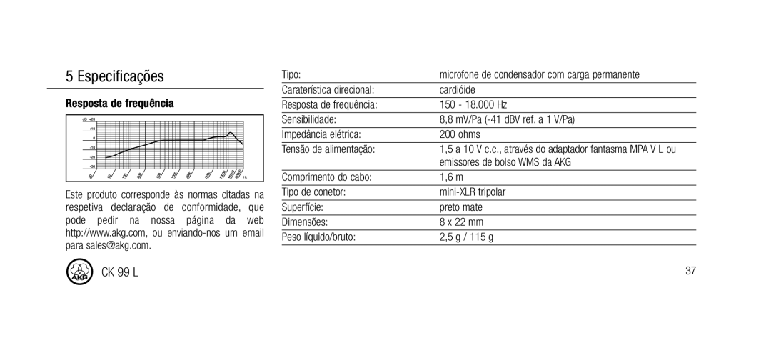 AKG Acoustics CK99L manual Especificações, Resposta de frequência, Emissores de bolso WMS da AKG 