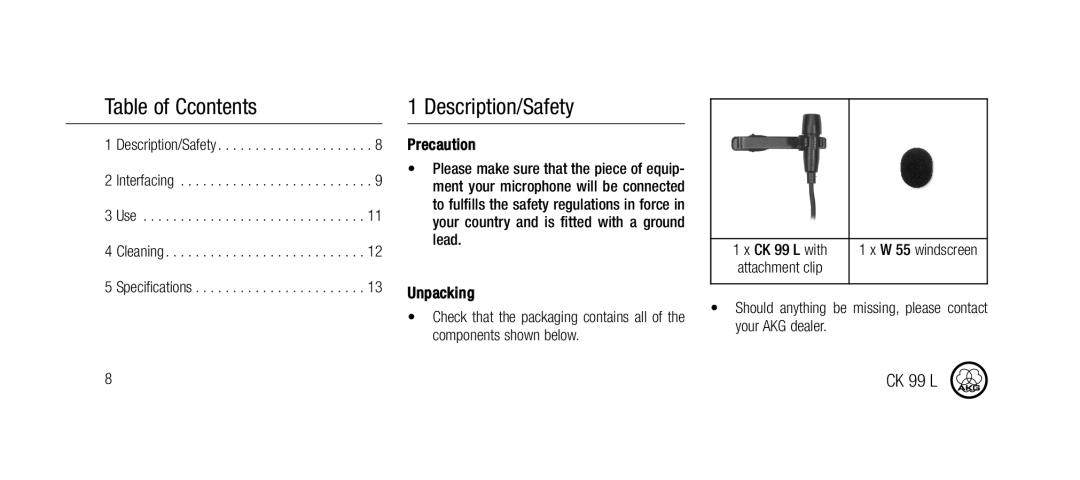 AKG Acoustics CK99L manual Table of Ccontents, Description/Safety 