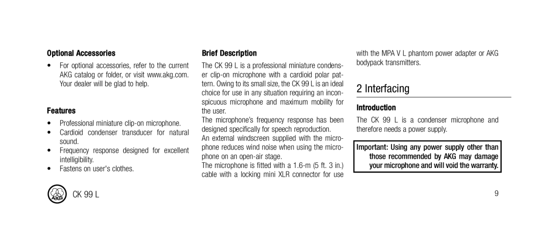 AKG Acoustics CK99L manual Interfacing, Optional Accessories Features, Brief Description 