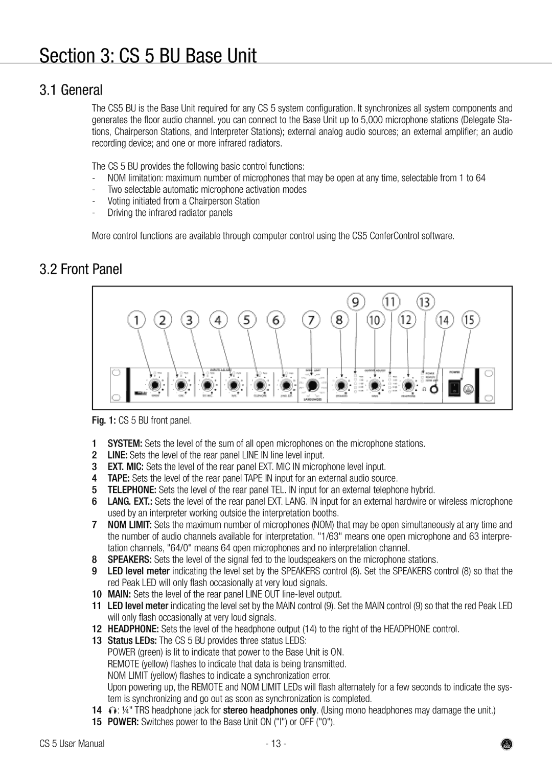 AKG Acoustics CS 5 BU Base Unit, General, Front Panel, CS 5 BU provides the following basic control functions 