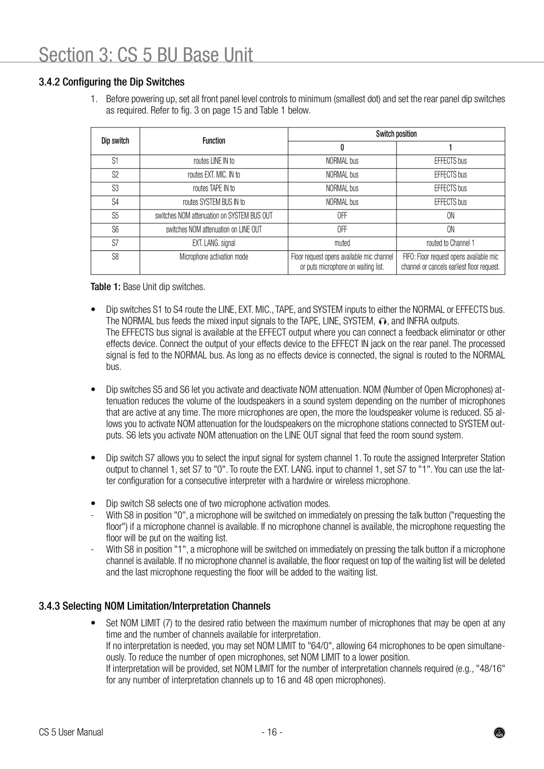 AKG Acoustics CS 5 Configuring the Dip Switches, Selecting NOM Limitation/Interpretation Channels, Base Unit dip switches 