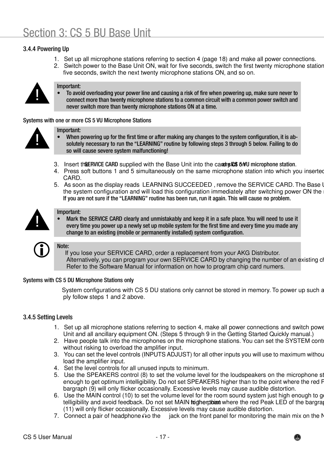 AKG Acoustics CS 5 user manual Powering Up, Setting Levels 