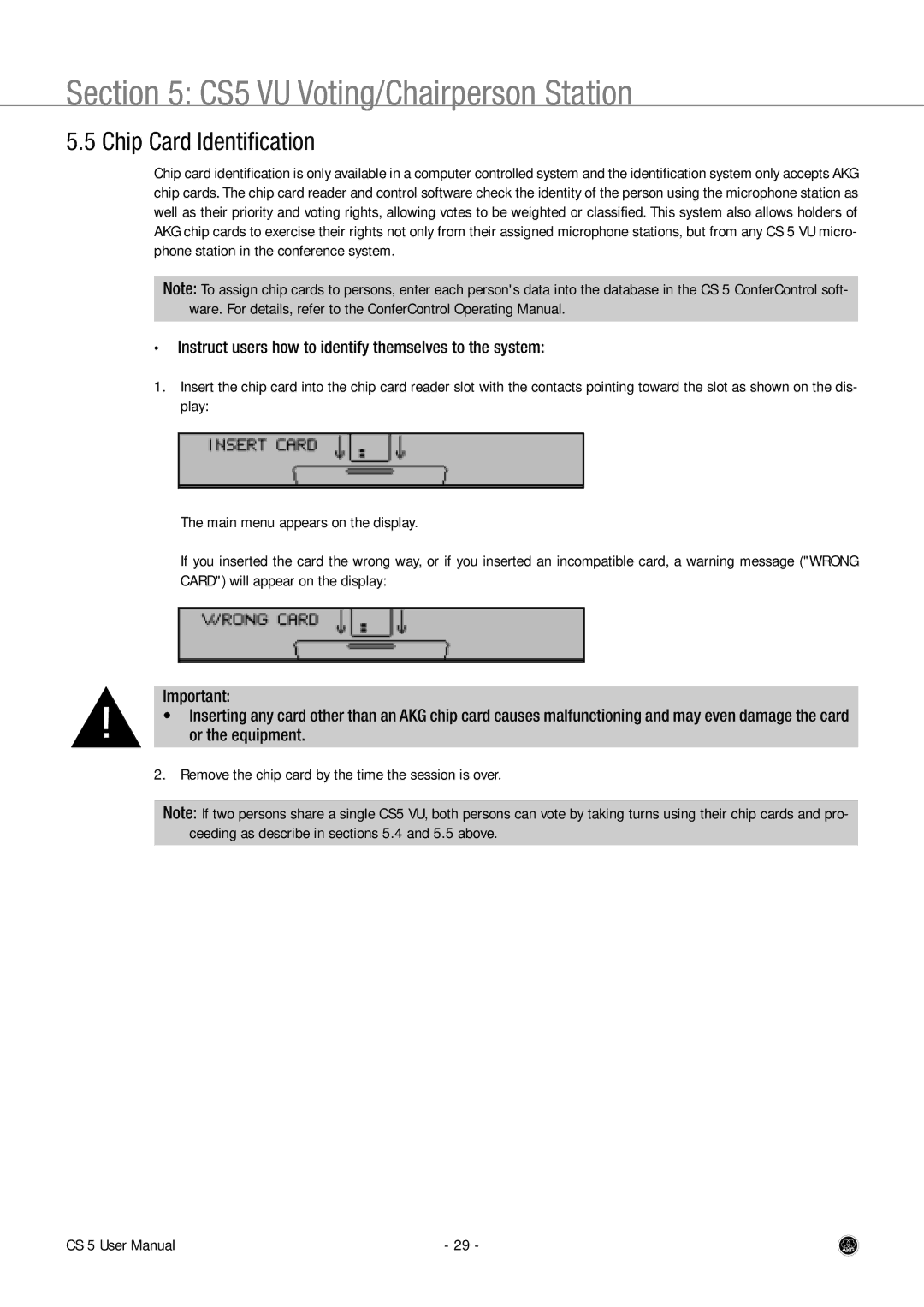 AKG Acoustics CS 5 user manual Chip Card Identification 