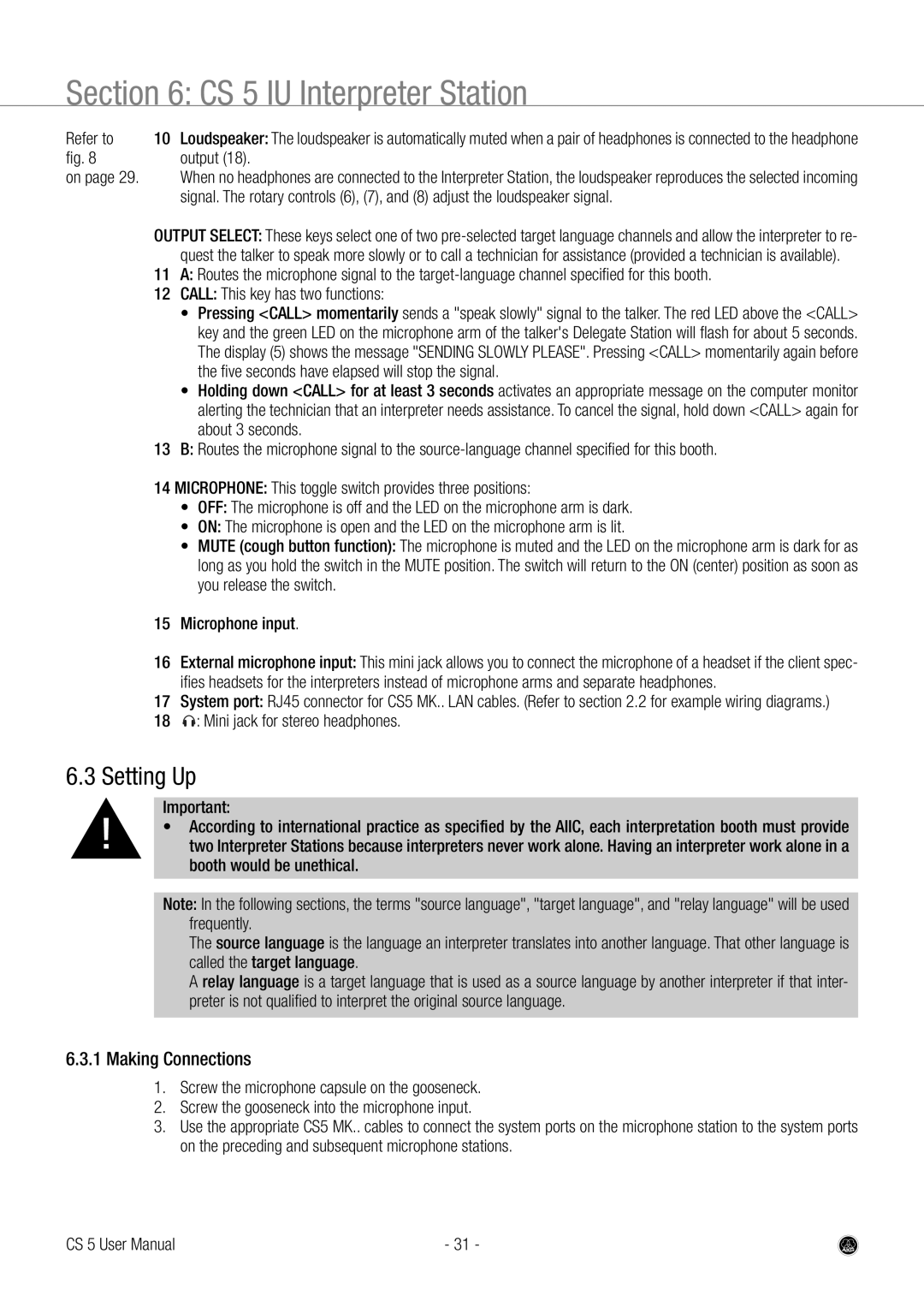 AKG Acoustics user manual CS 5 IU Interpreter Station, Output 