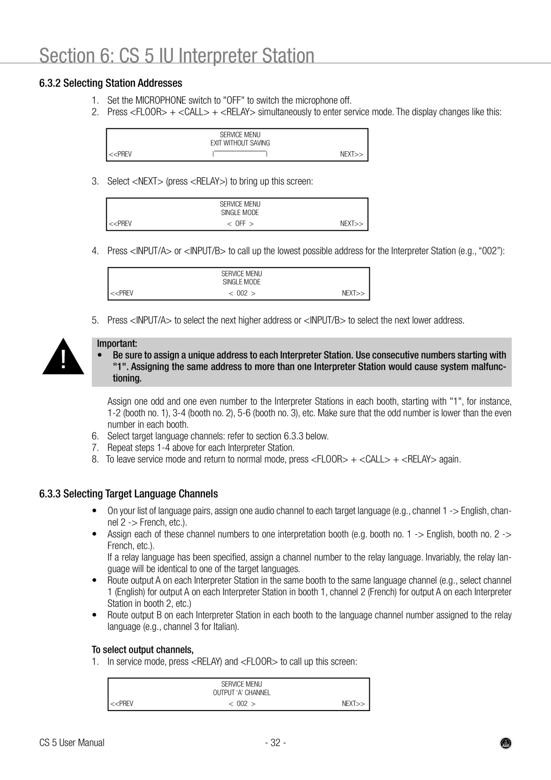 AKG Acoustics CS 5 user manual Selecting Station Addresses, Selecting Target Language Channels 