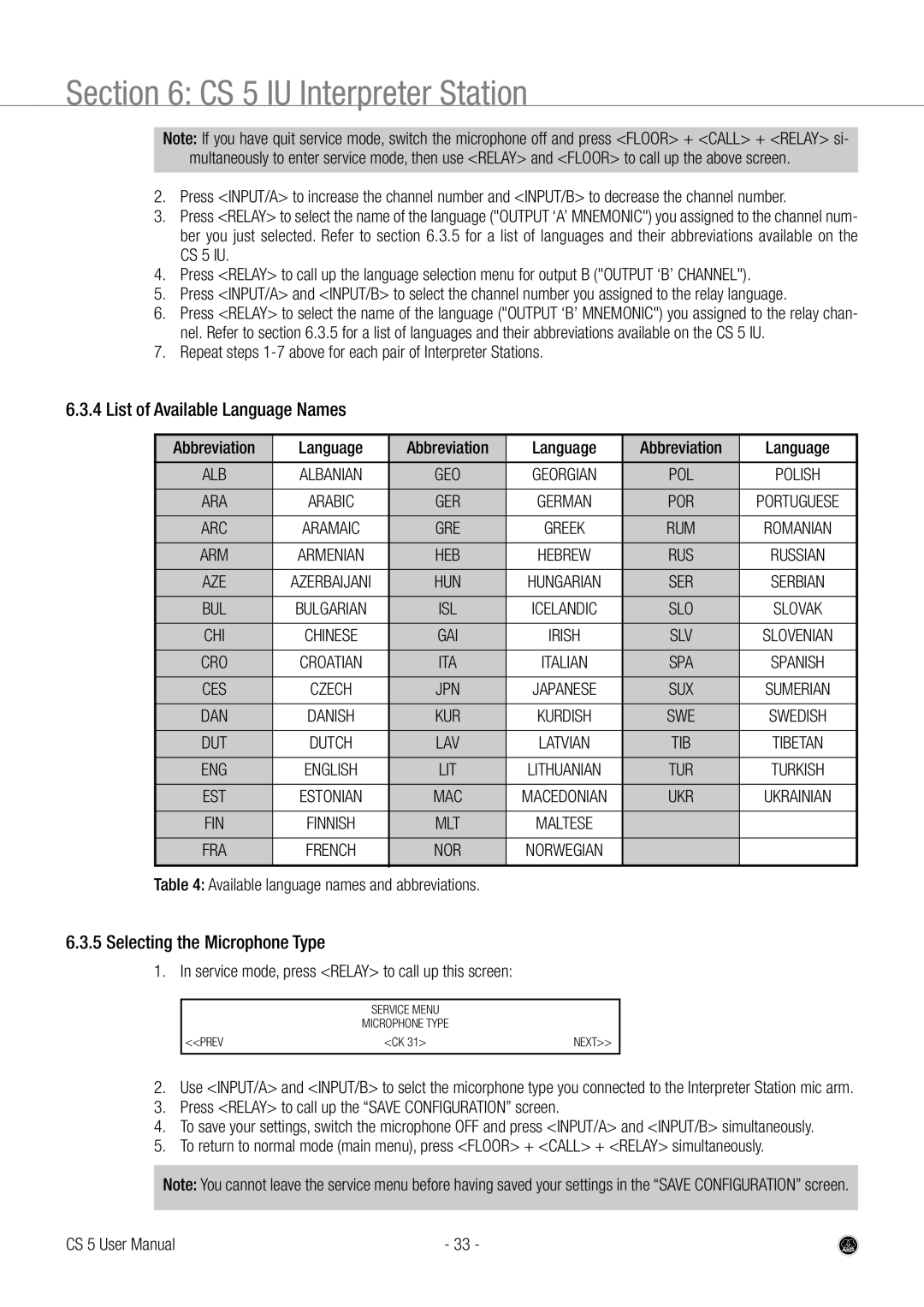 AKG Acoustics CS 5 user manual List of Available Language Names, Selecting the Microphone Type 