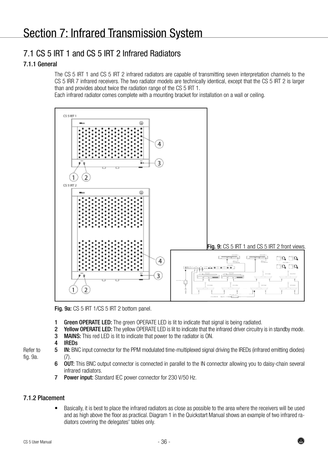 AKG Acoustics user manual Infrared Transmission System, CS 5 IRT 1 and CS 5 IRT 2 Infrared Radiators, General, Placement 