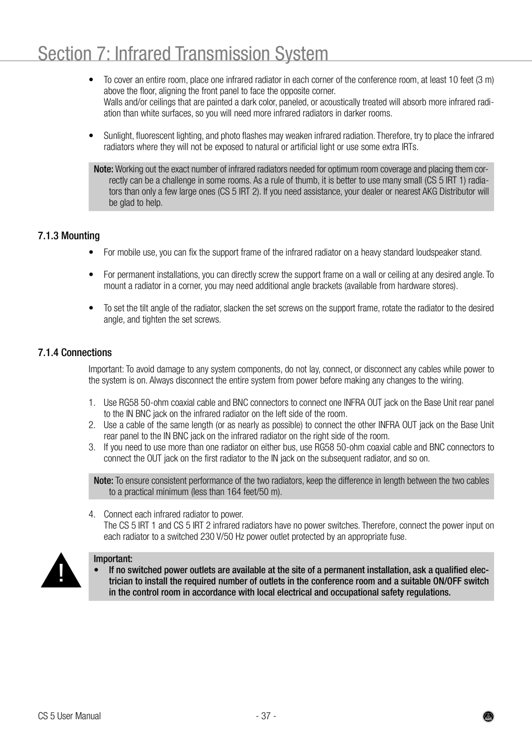 AKG Acoustics CS 5 user manual Infrared Transmission System, Mounting, Connections, Connect each infrared radiator to power 