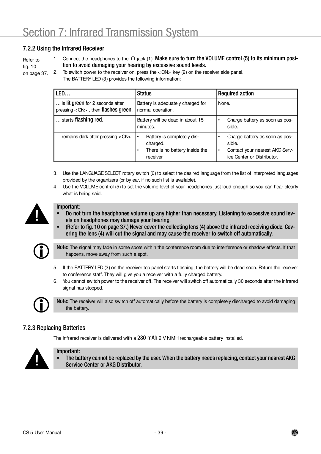 AKG Acoustics CS 5 user manual Using the Infrared Receiver, Replacing Batteries 