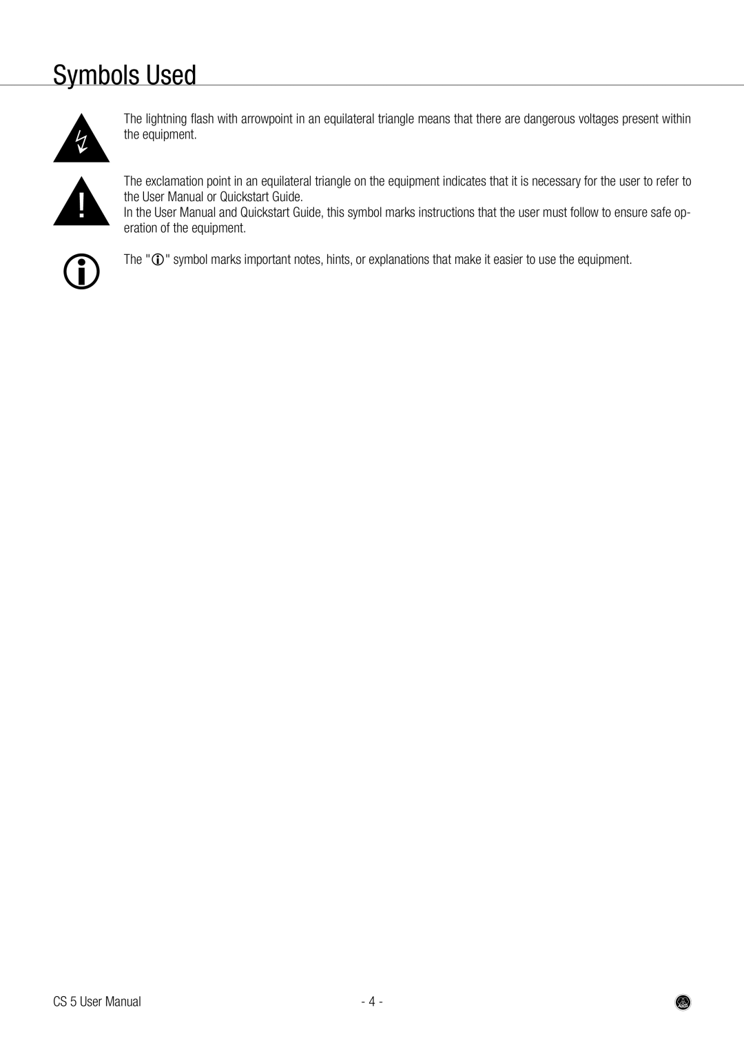 AKG Acoustics CS 5 user manual Symbols Used 