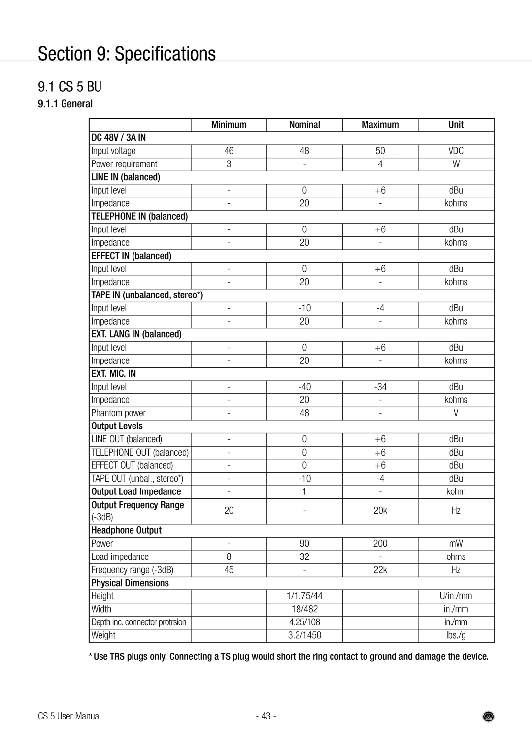 AKG Acoustics user manual Specifications, CS 5 BU 