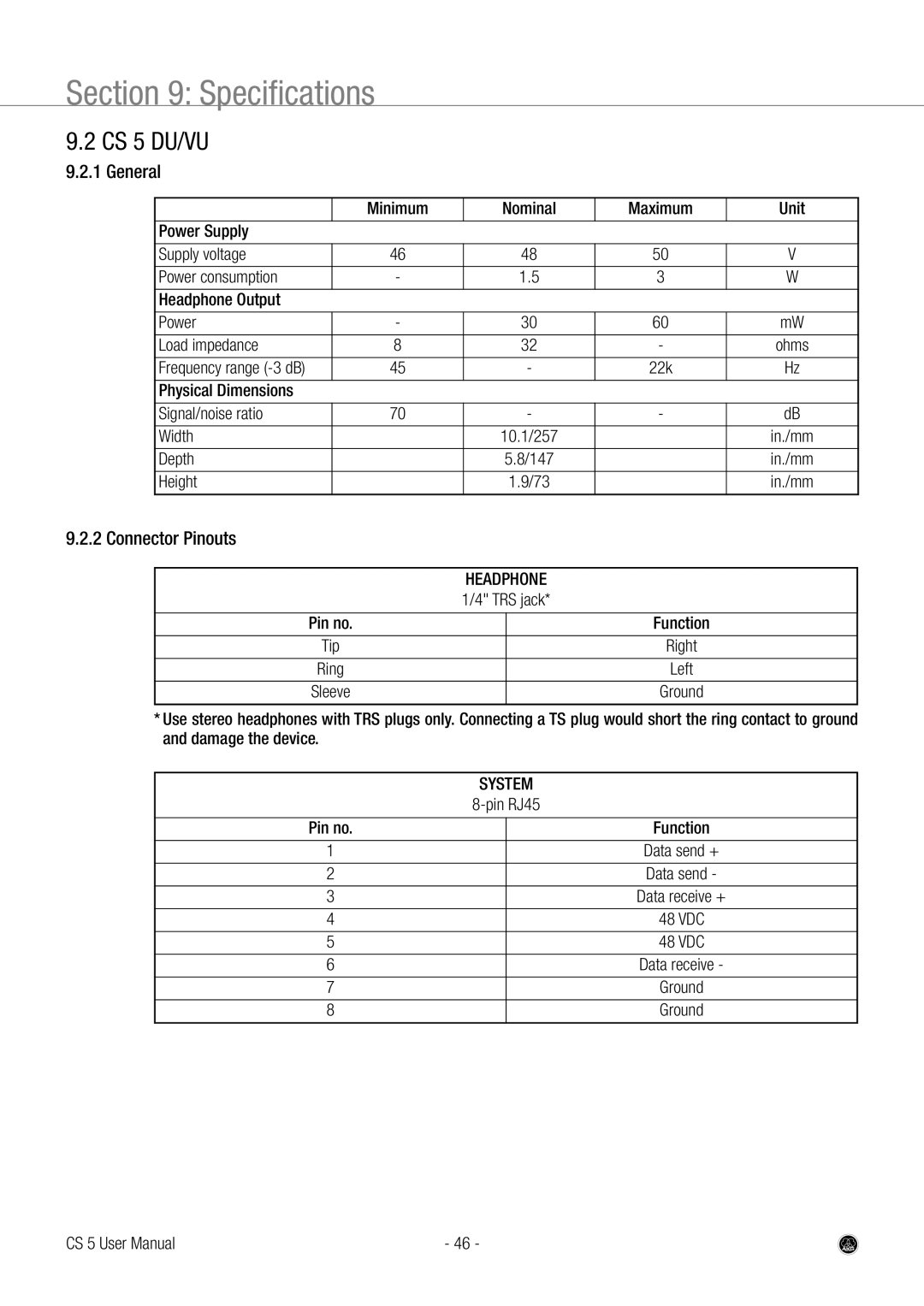 AKG Acoustics user manual CS 5 DU/VU, Physical Dimensions Signal/noise ratio Width, Depth 