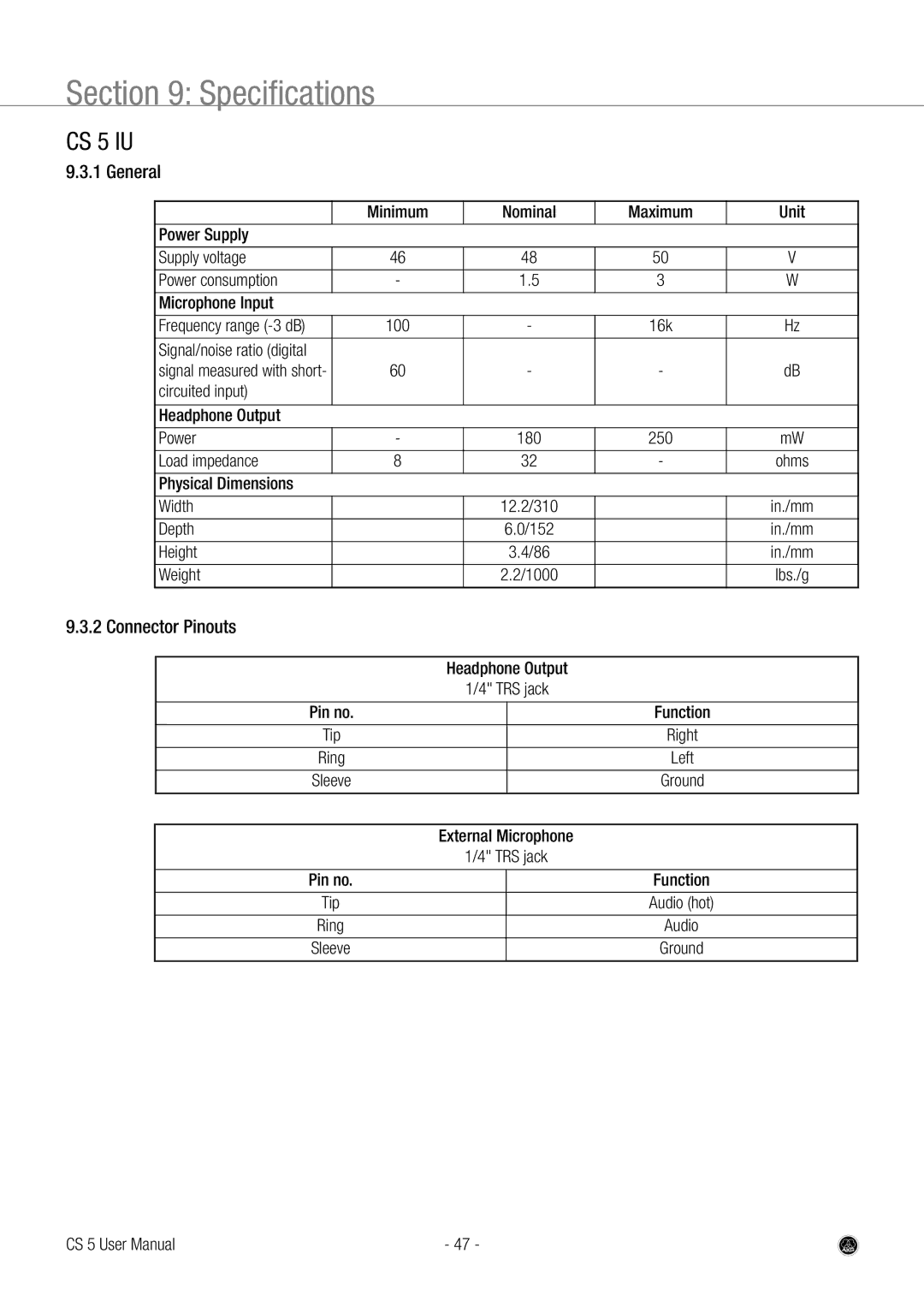 AKG Acoustics CS 5 user manual Circuited input Headphone Output Power, Physical Dimensions Width 