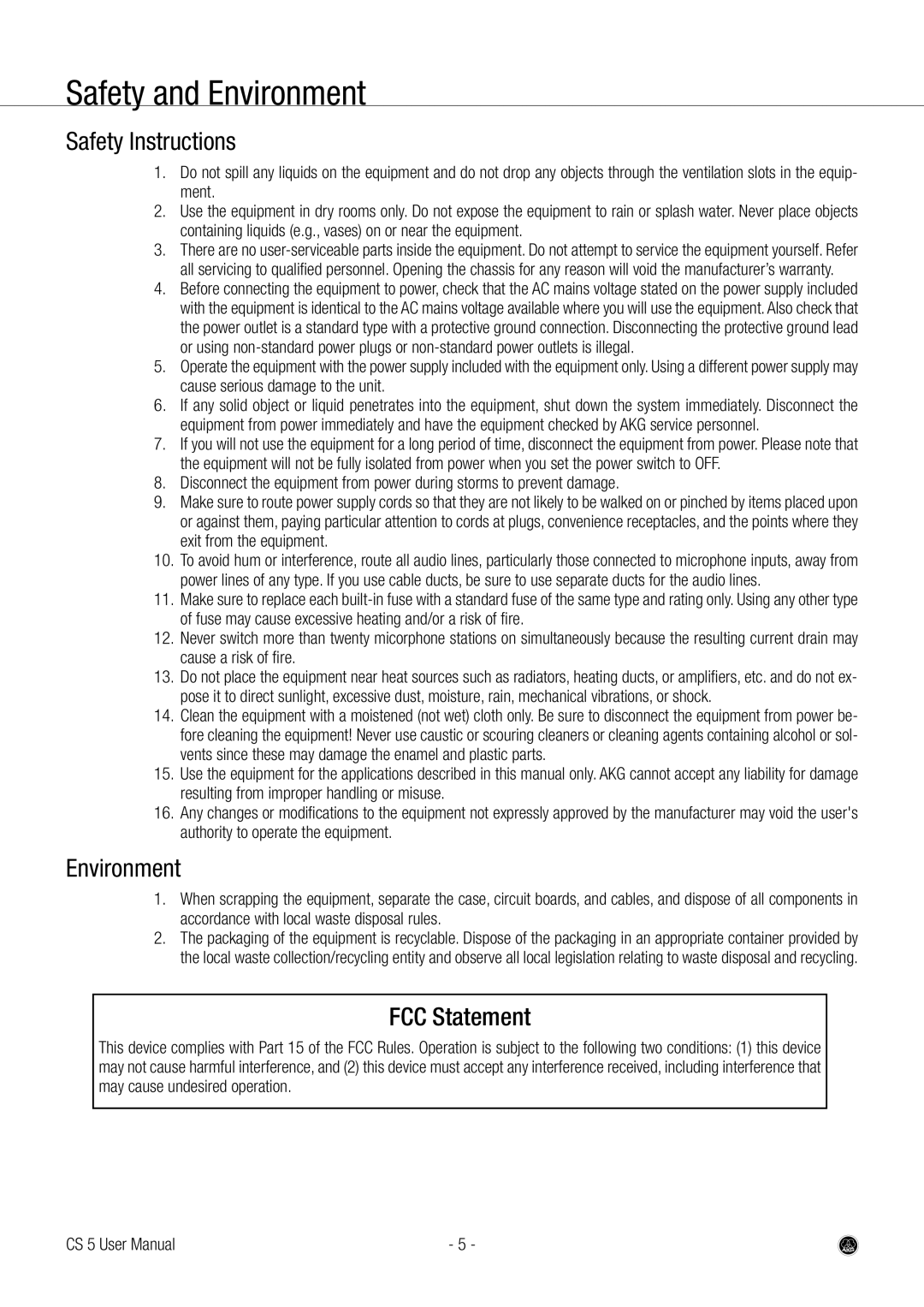 AKG Acoustics CS 5 user manual Safety and Environment, Safety Instructions, FCC Statement 