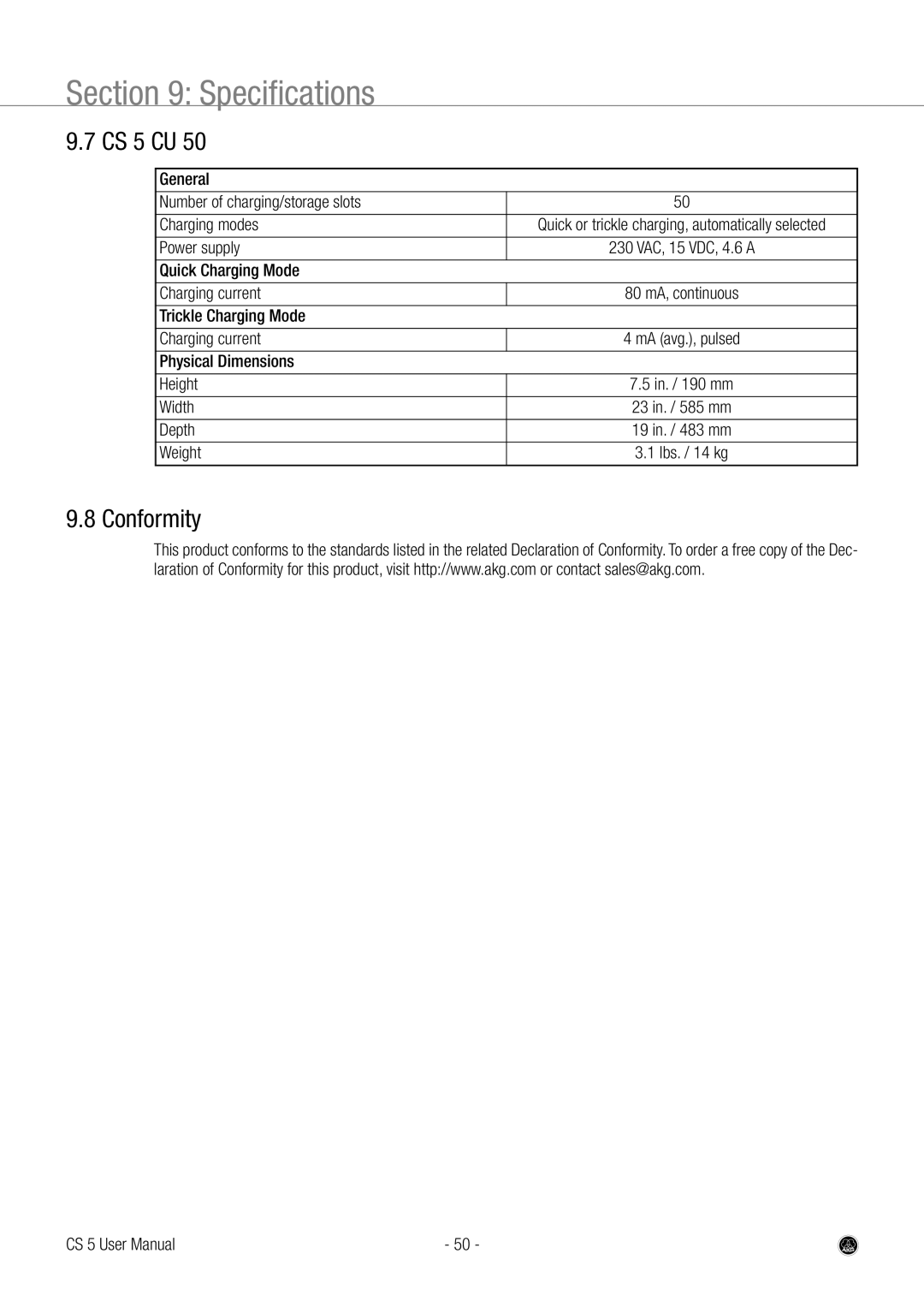 AKG Acoustics user manual CS 5 CU, Conformity, General Number of charging/storage slots Charging modes 