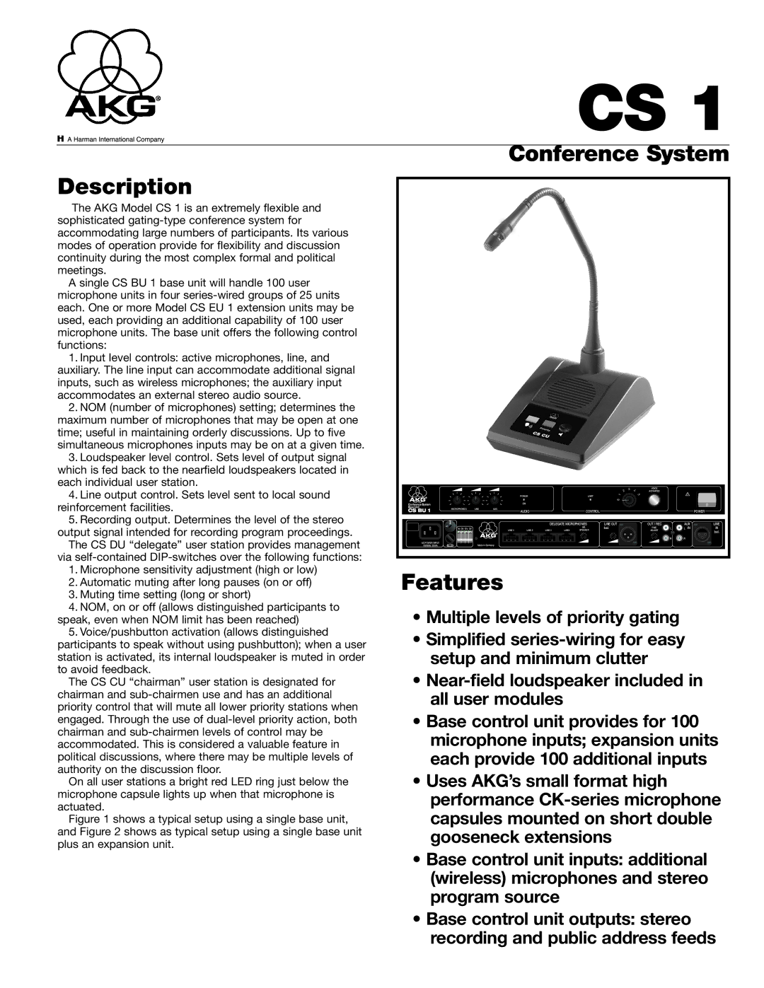 AKG Acoustics CS1 manual Conference System Description, Features 