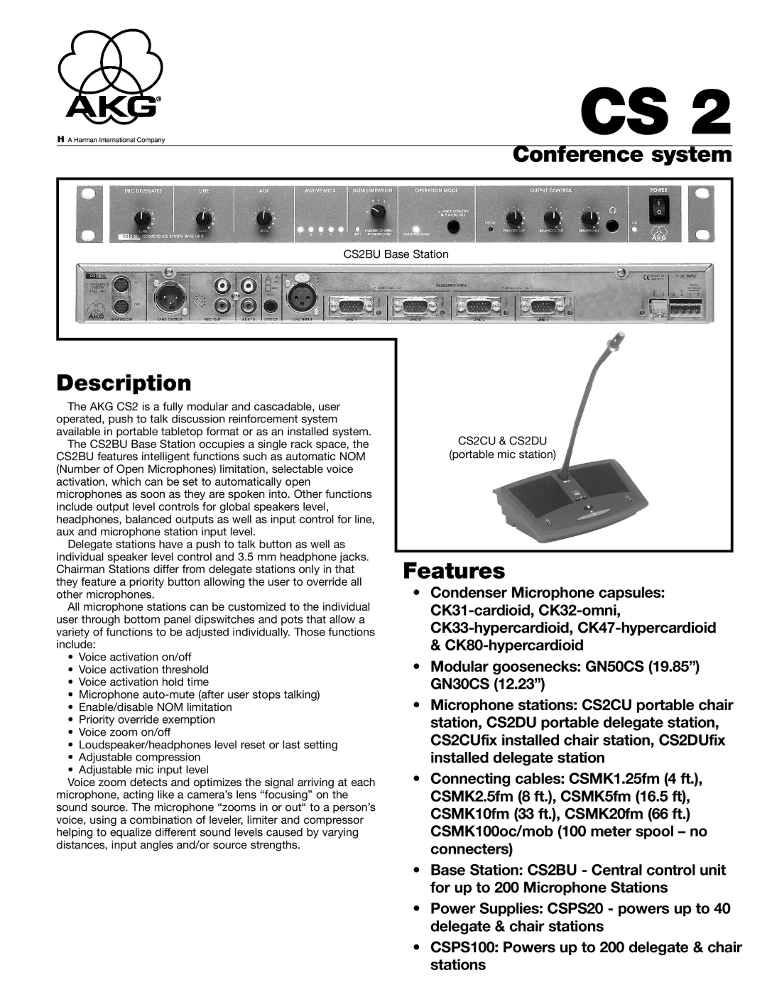 AKG Acoustics CS2 manual Conference system, Description, Features 