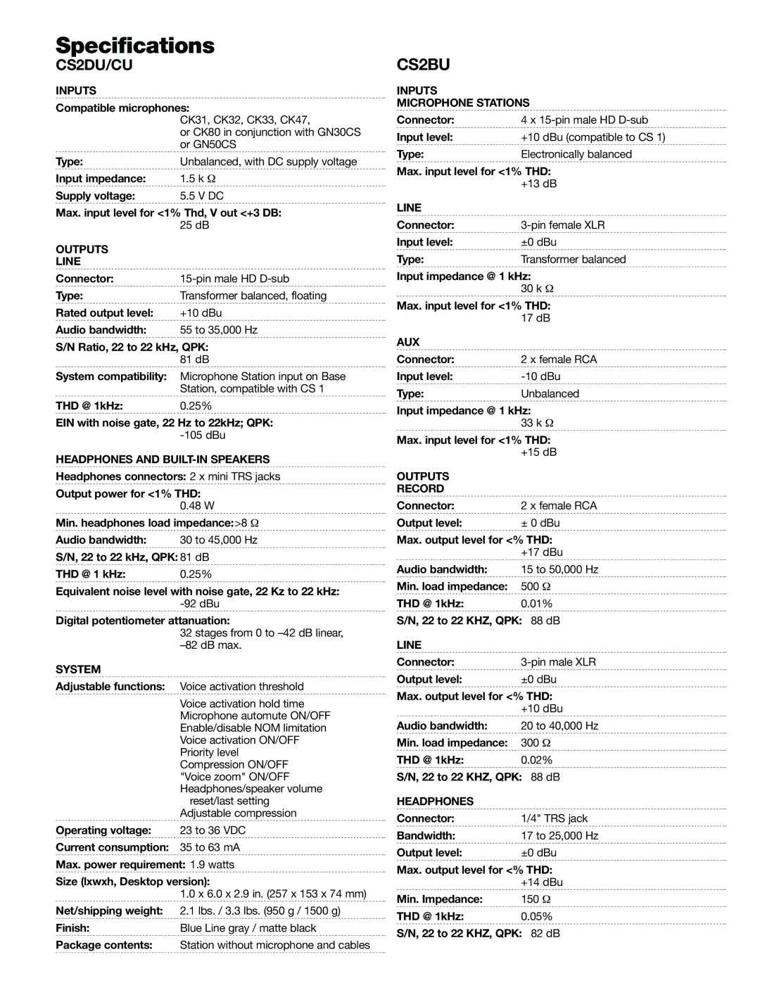 AKG Acoustics CS2 manual Specifications 