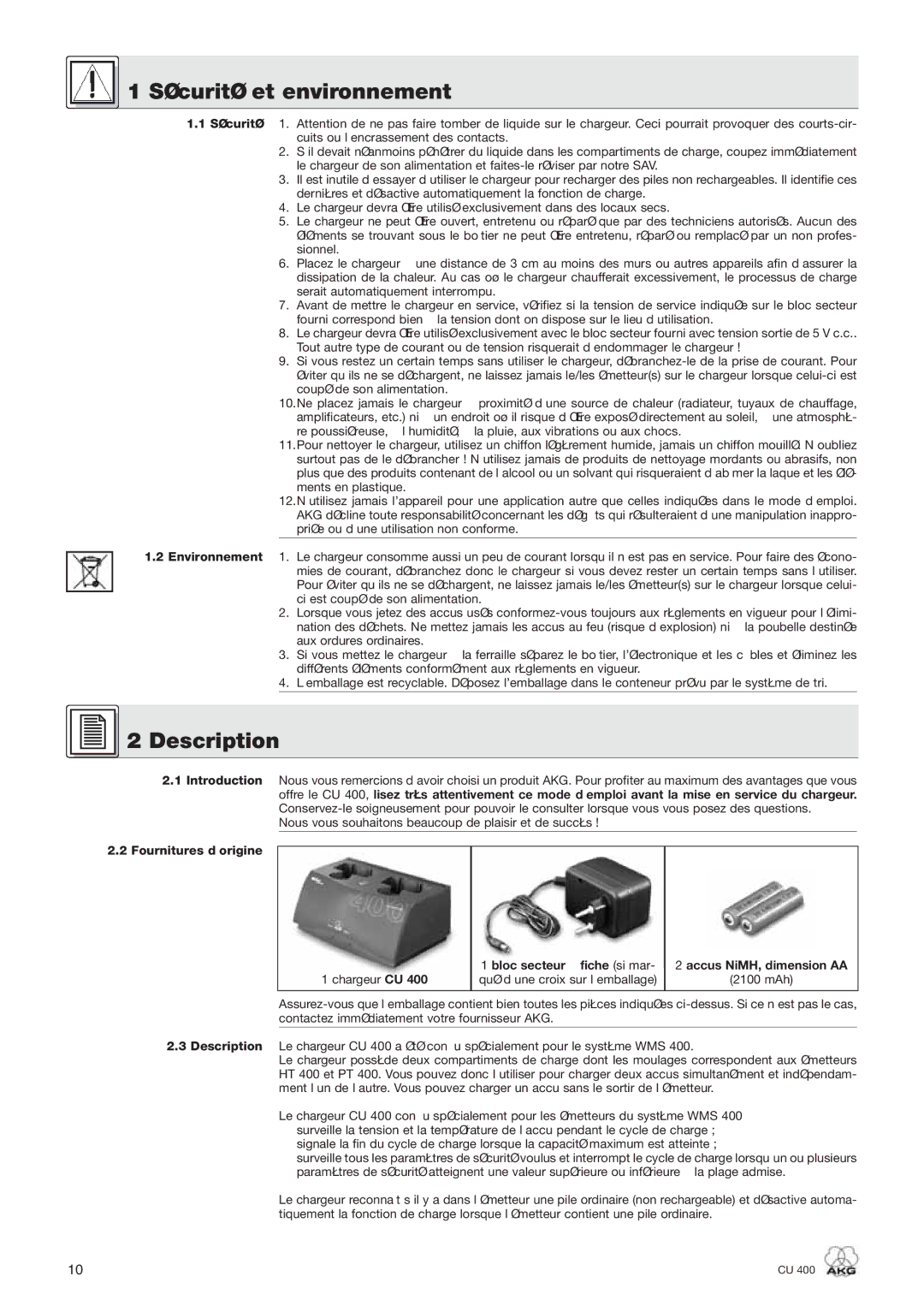 AKG Acoustics CU 400 manual Sécurité et environnement, Introduction Fournitures d’origine Description 