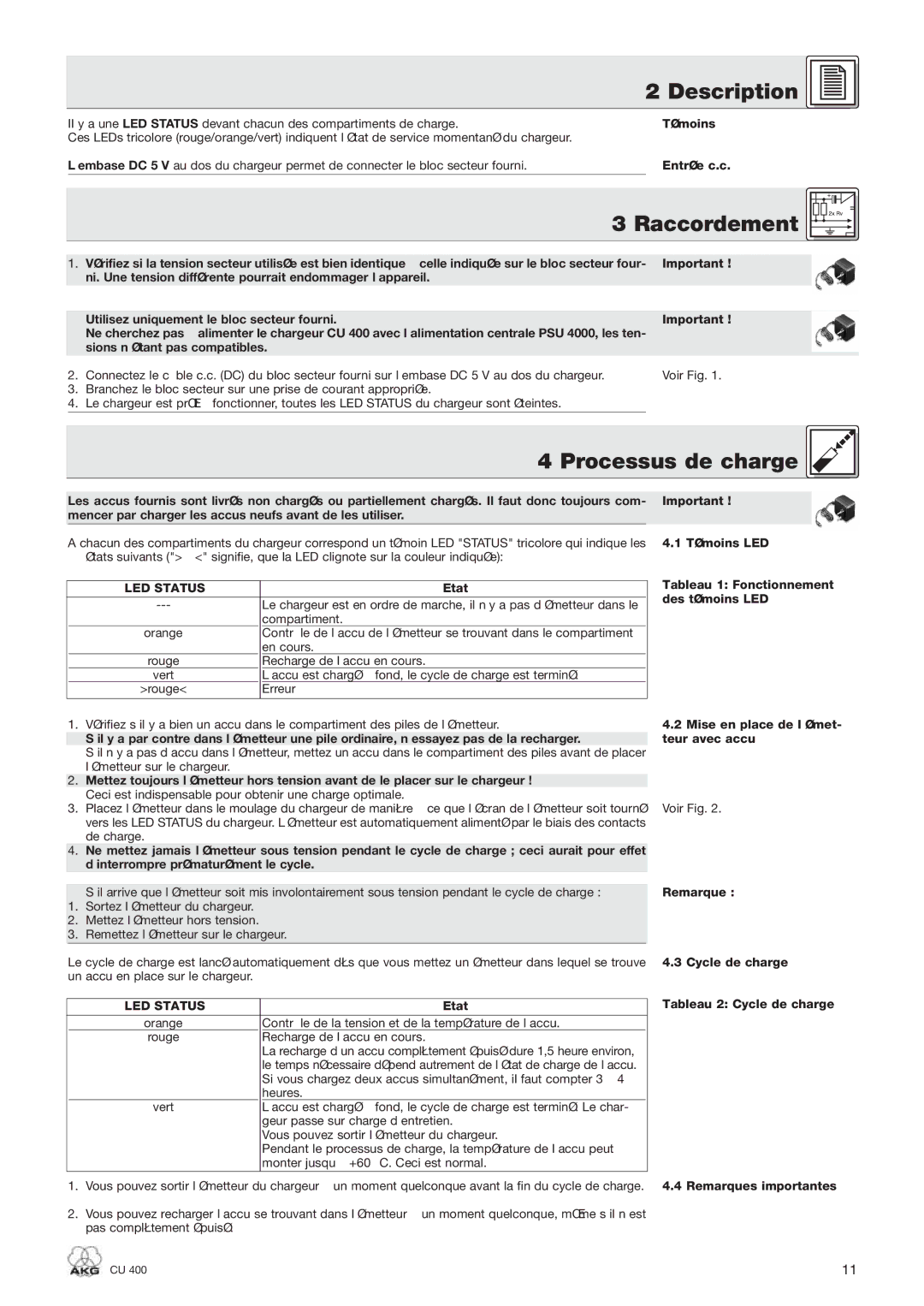 AKG Acoustics CU 400 manual Raccordement, Processus de charge 