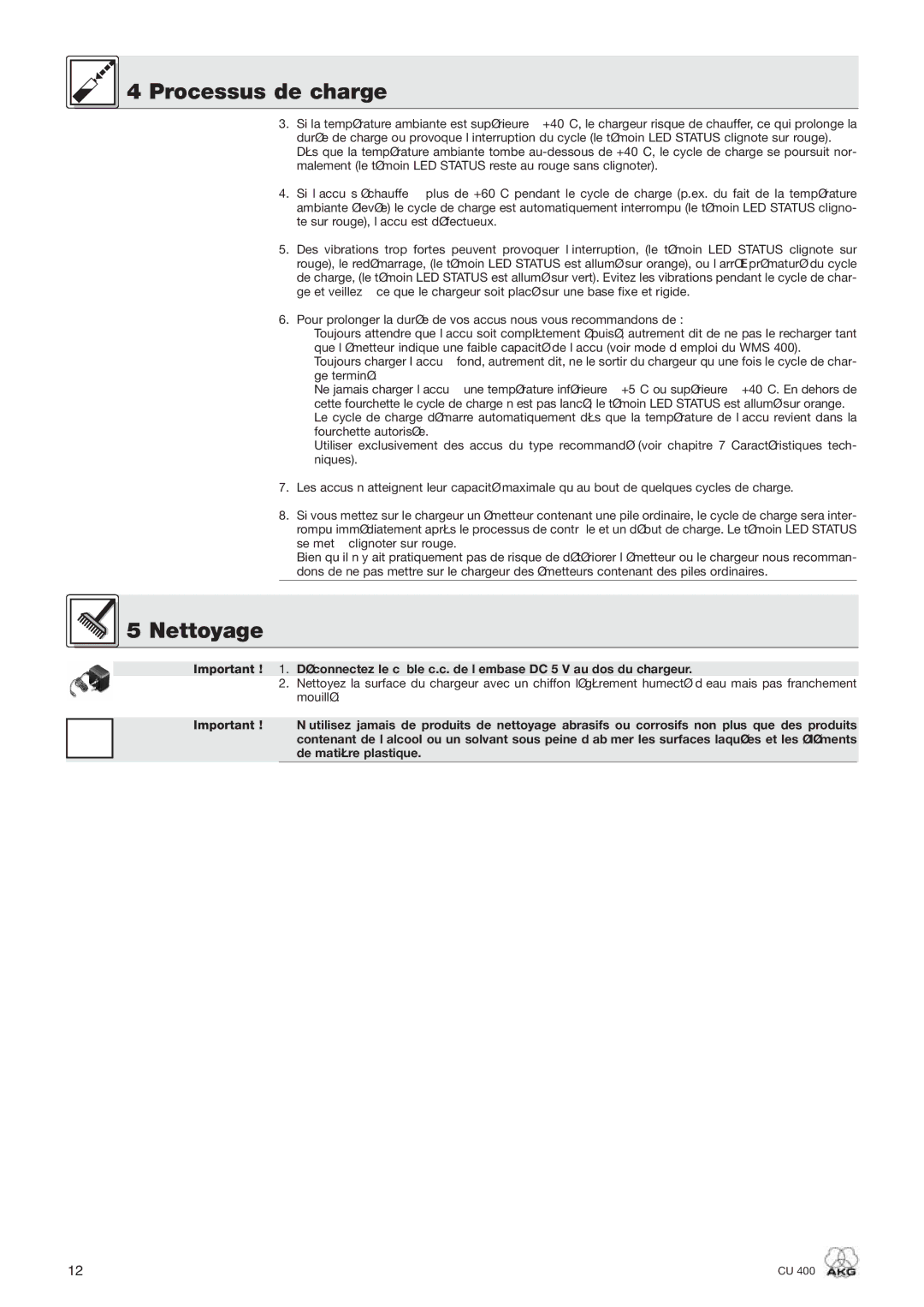 AKG Acoustics CU 400 manual Nettoyage 