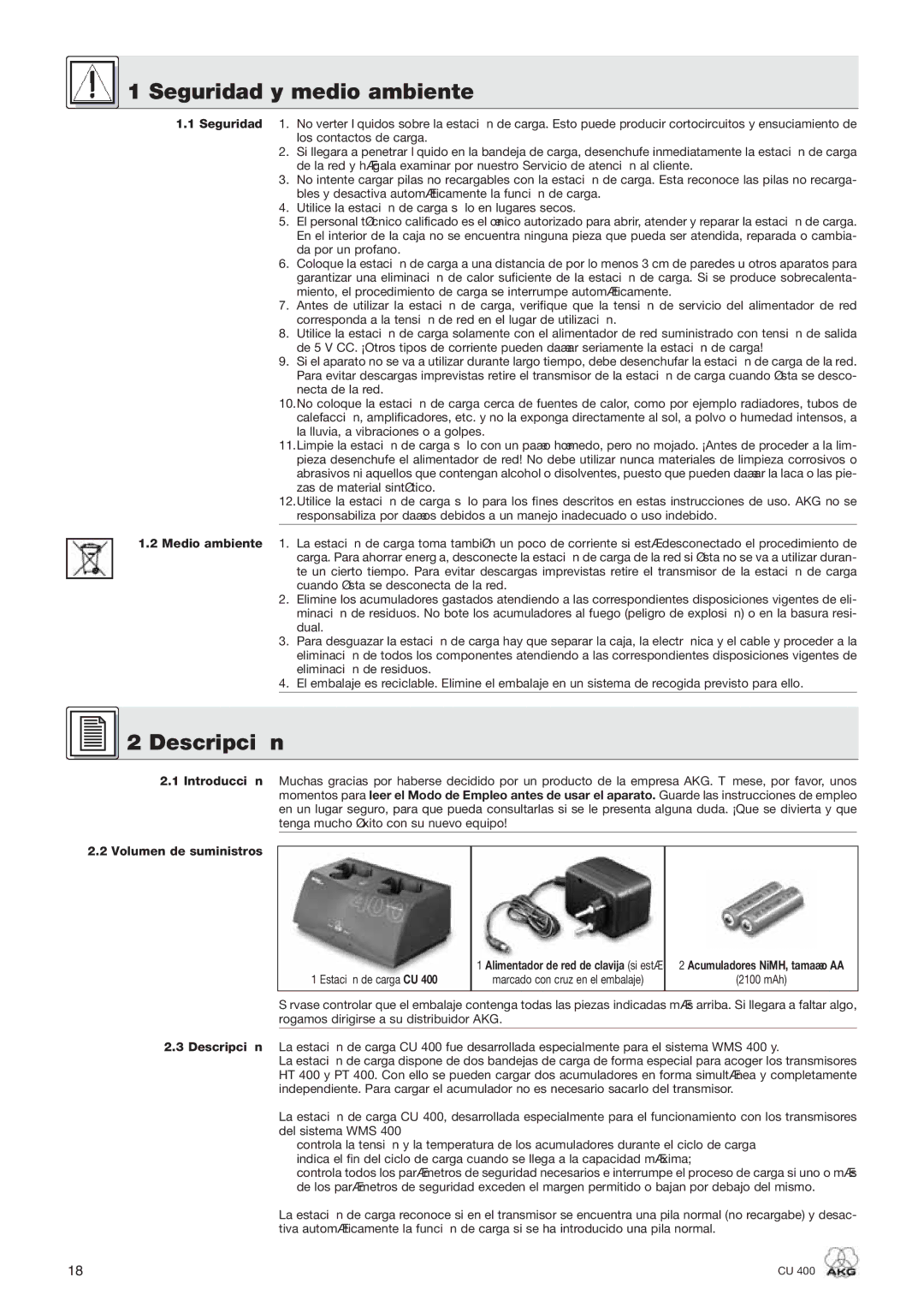 AKG Acoustics CU 400 manual Seguridad y medio ambiente, Descripción, Introducción Volumen de suministros 