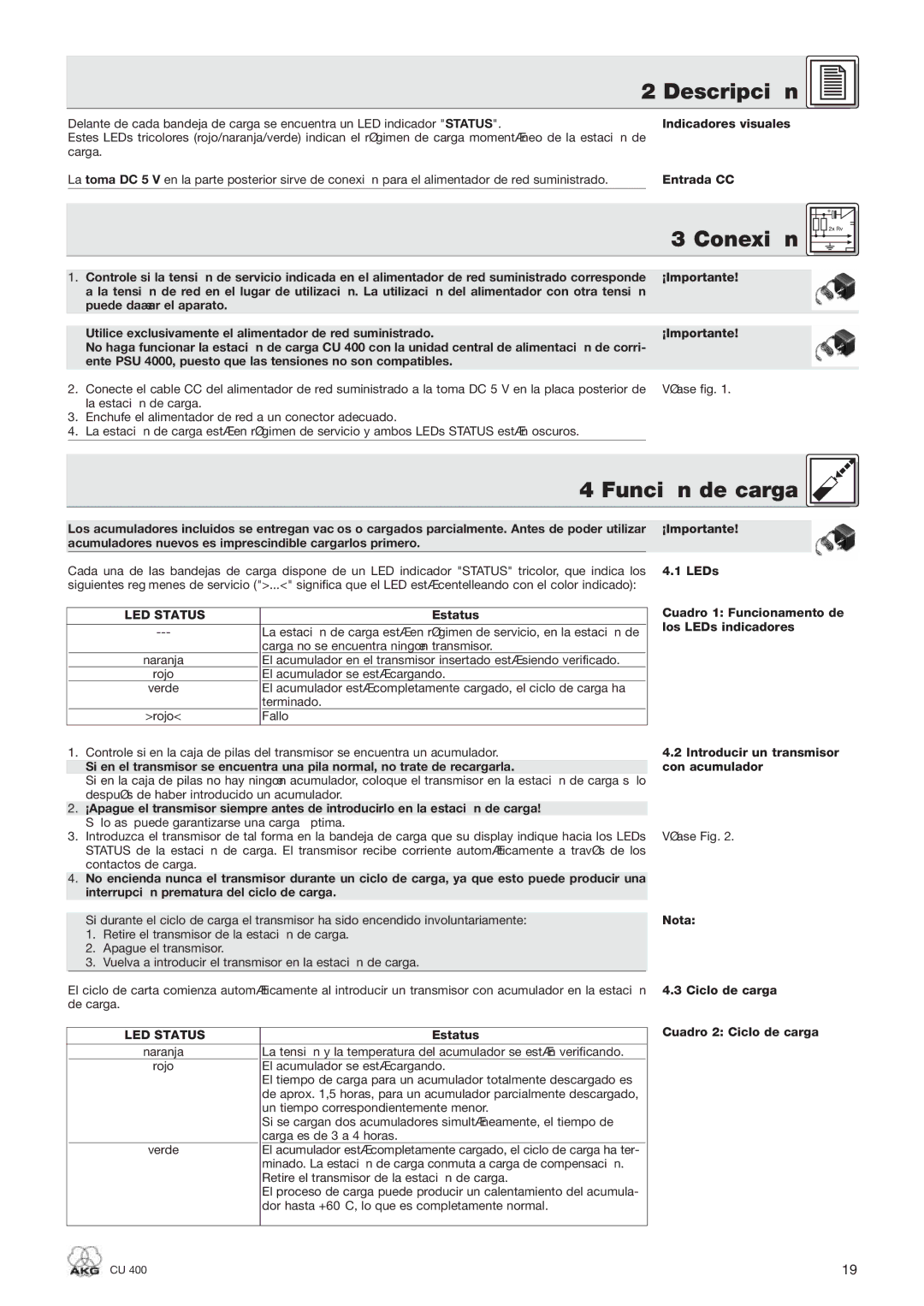 AKG Acoustics CU 400 manual Conexión, Función de carga 