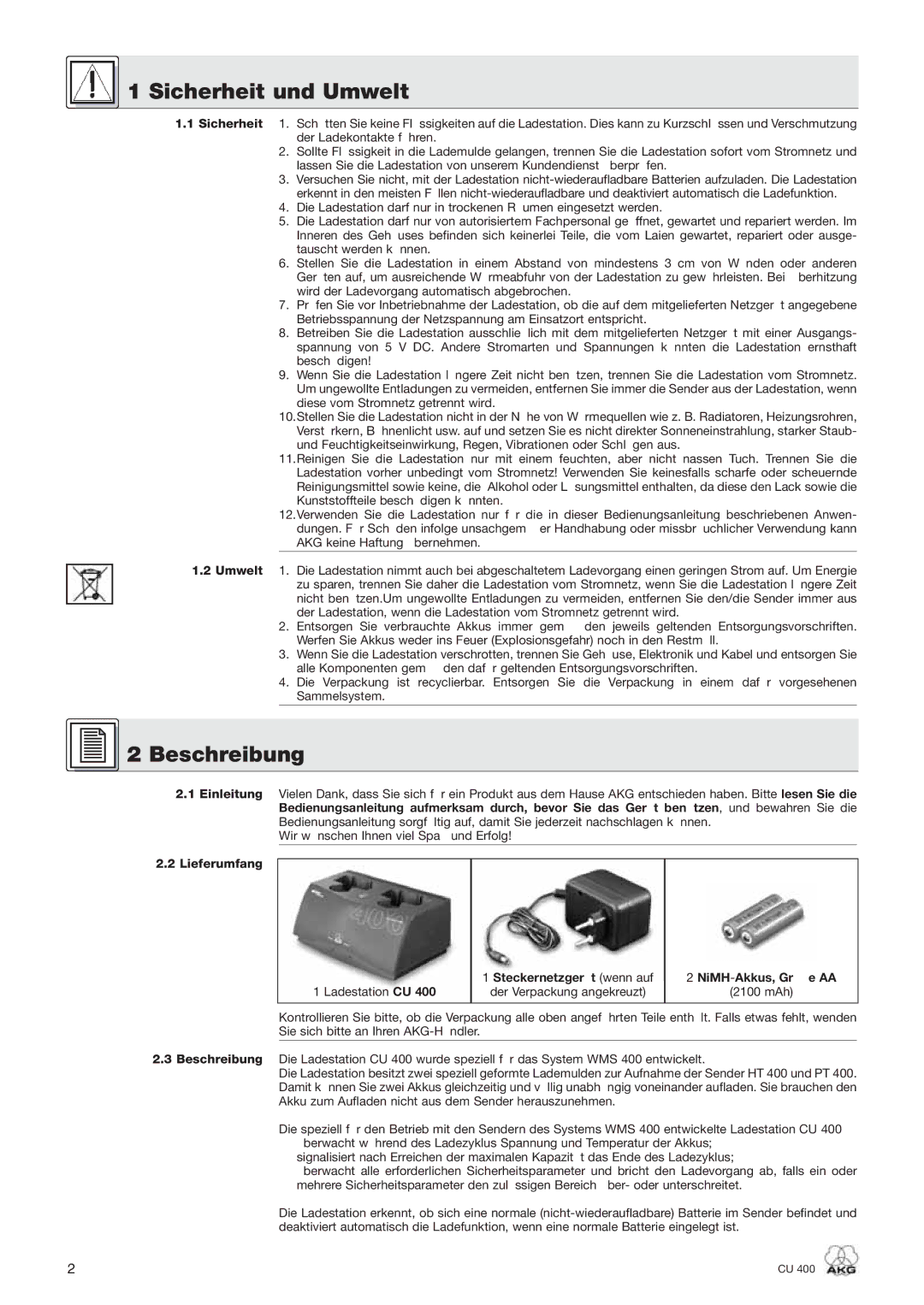 AKG Acoustics CU 400 Sicherheit und Umwelt, Beschreibung, Einleitung Lieferumfang, Ladestation CU, NiMH-Akkus, Größe AA 