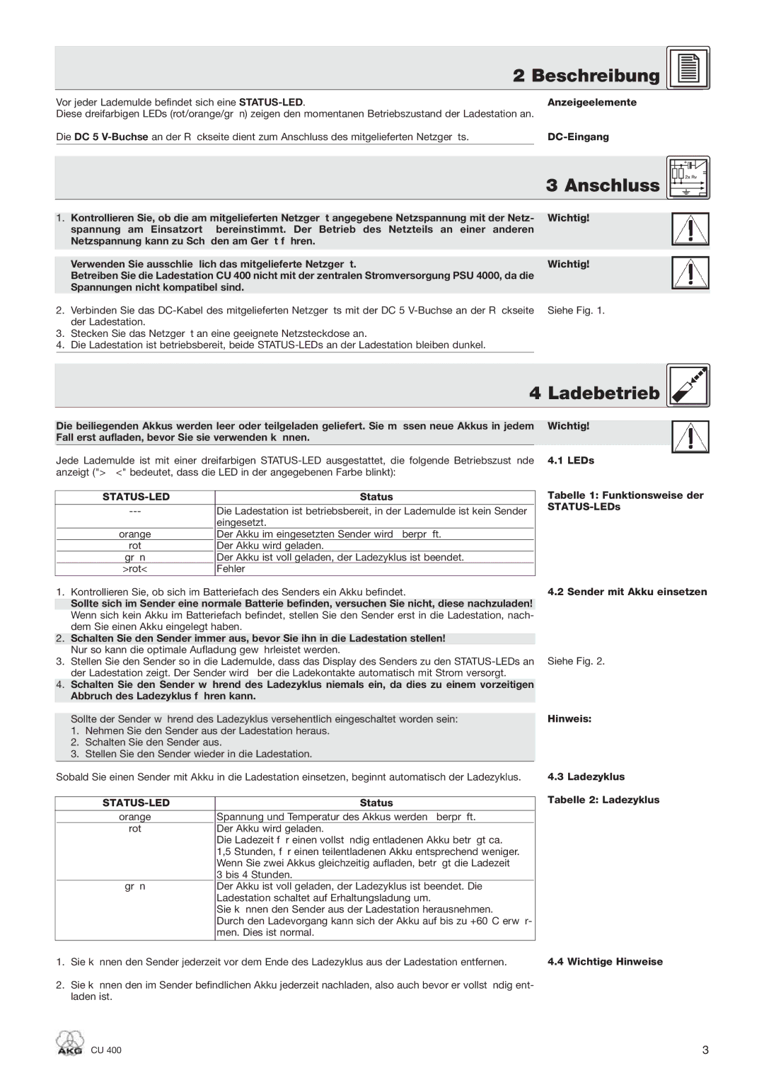 AKG Acoustics CU 400 manual Anschluss, Ladebetrieb 
