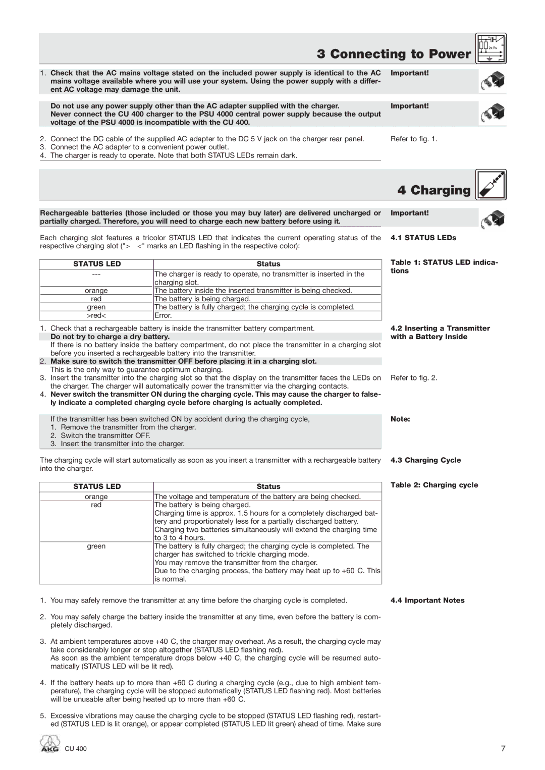 AKG Acoustics CU 400 manual Connecting to Power, Charging 