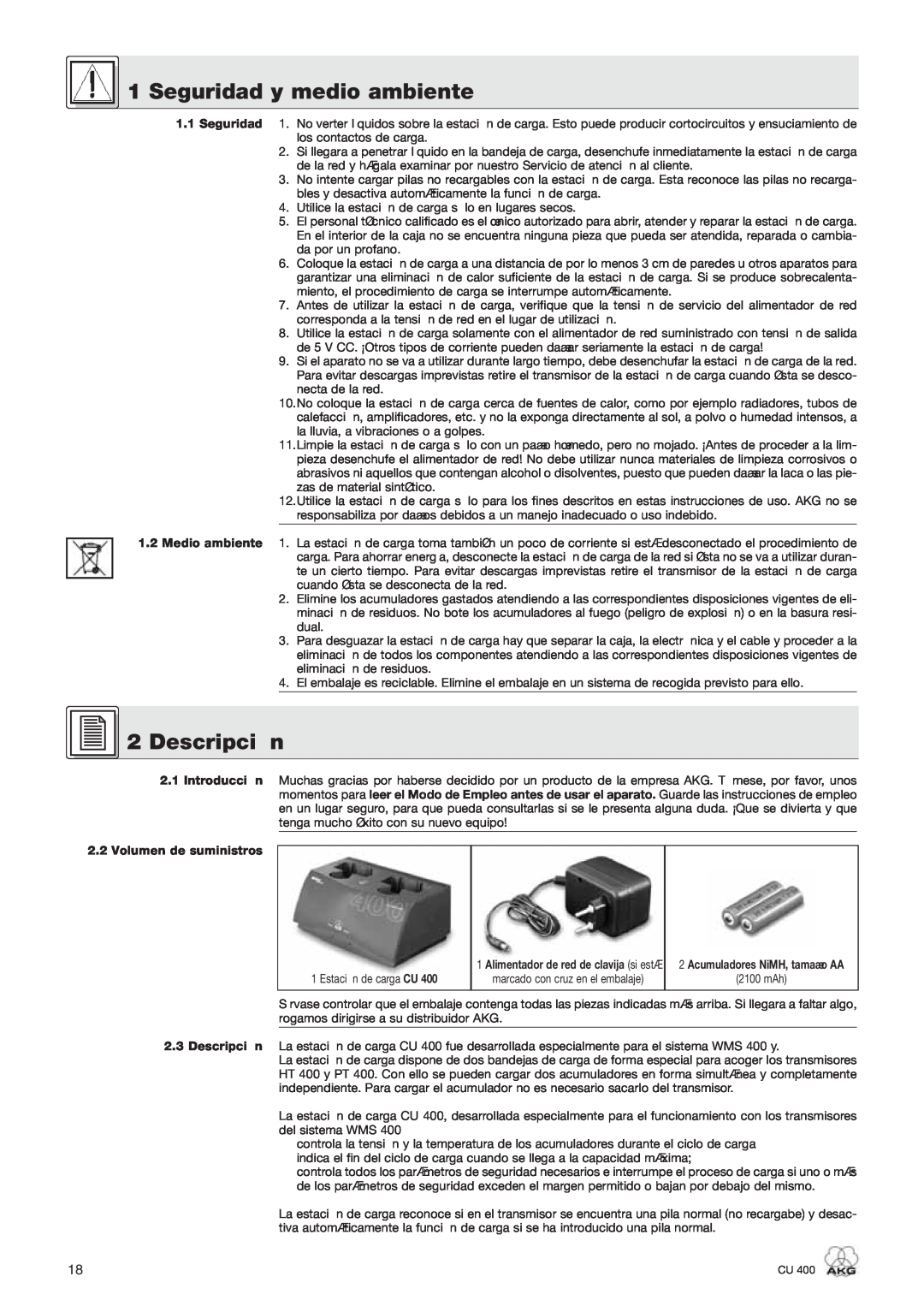 AKG Acoustics CU 400 manual Seguridad y medio ambiente, Descripción, 2.1Introducción 2.2Volumen de suministros 