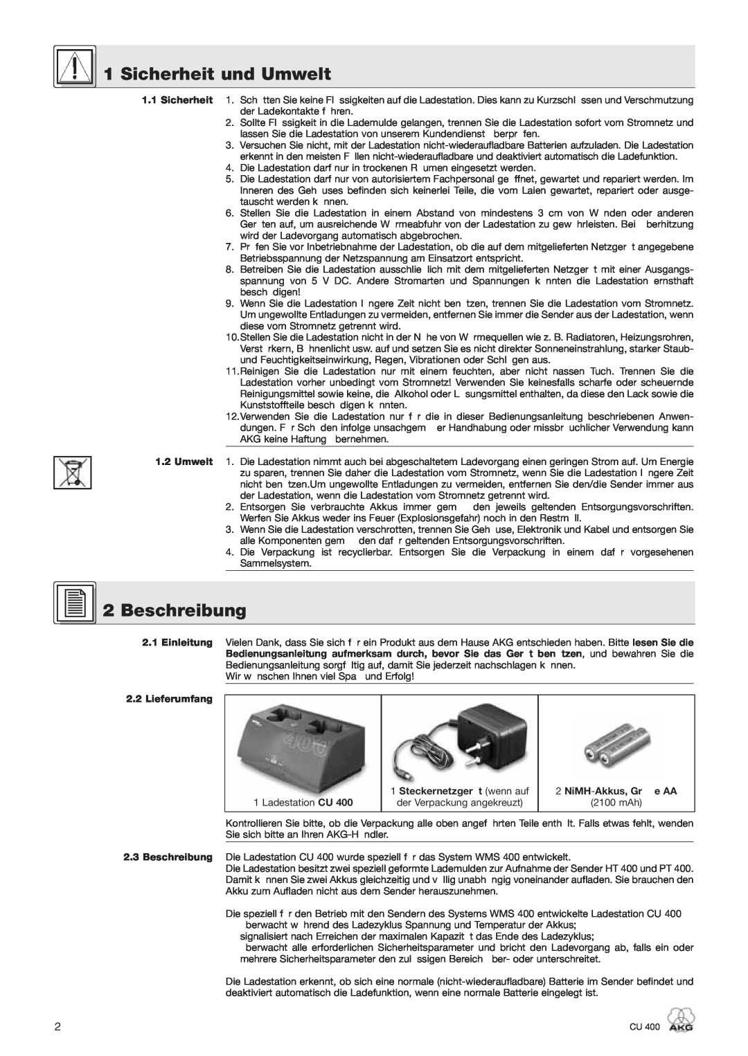 AKG Acoustics CU 400 manual Sicherheit und Umwelt, Beschreibung, 2.1Einleitung 2.2Lieferumfang, Ladestation CU 
