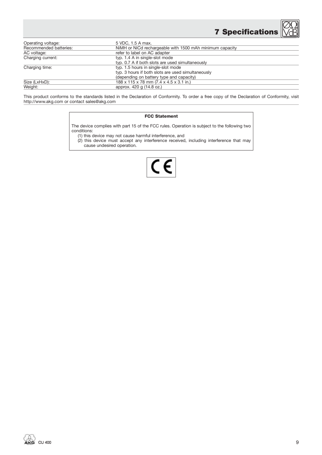 AKG Acoustics CU 400 manual Specifications, FCC Statement 
