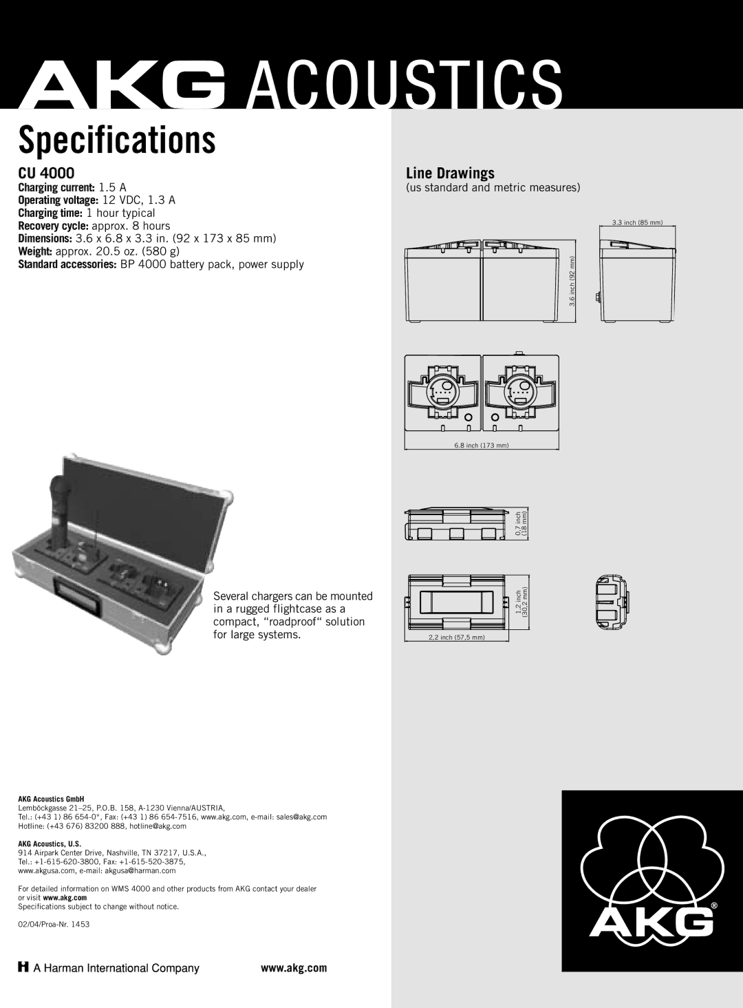 AKG Acoustics CU 4000, BP 4000 manual Specifications, Line Drawings, AKG Acoustics GmbH, AKG Acoustics, U.S 