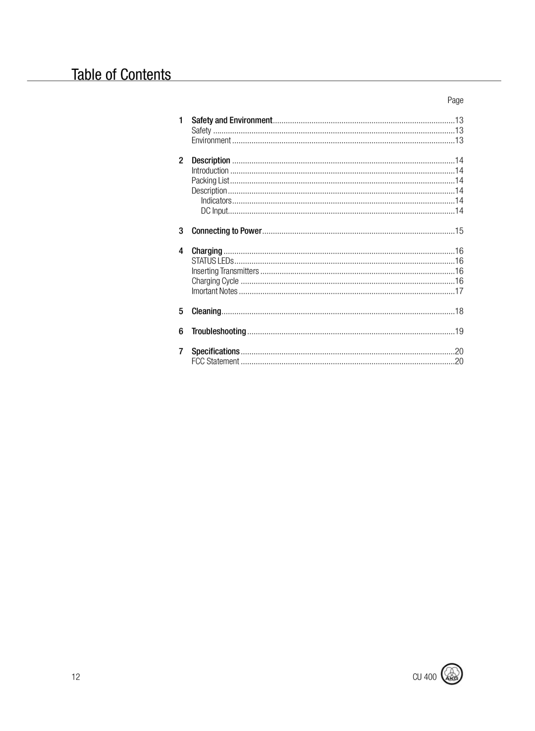 AKG Acoustics CU400 manual Table of Contents 