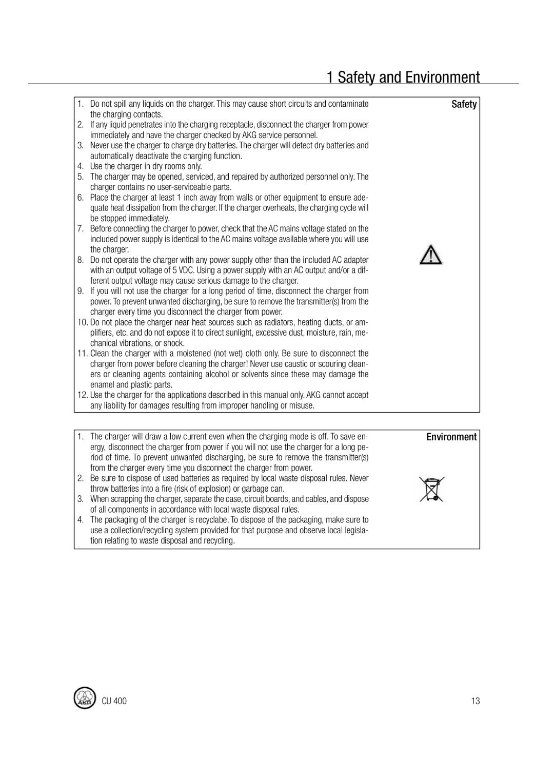 AKG Acoustics CU400 manual Safety and Environment, Charging contacts 