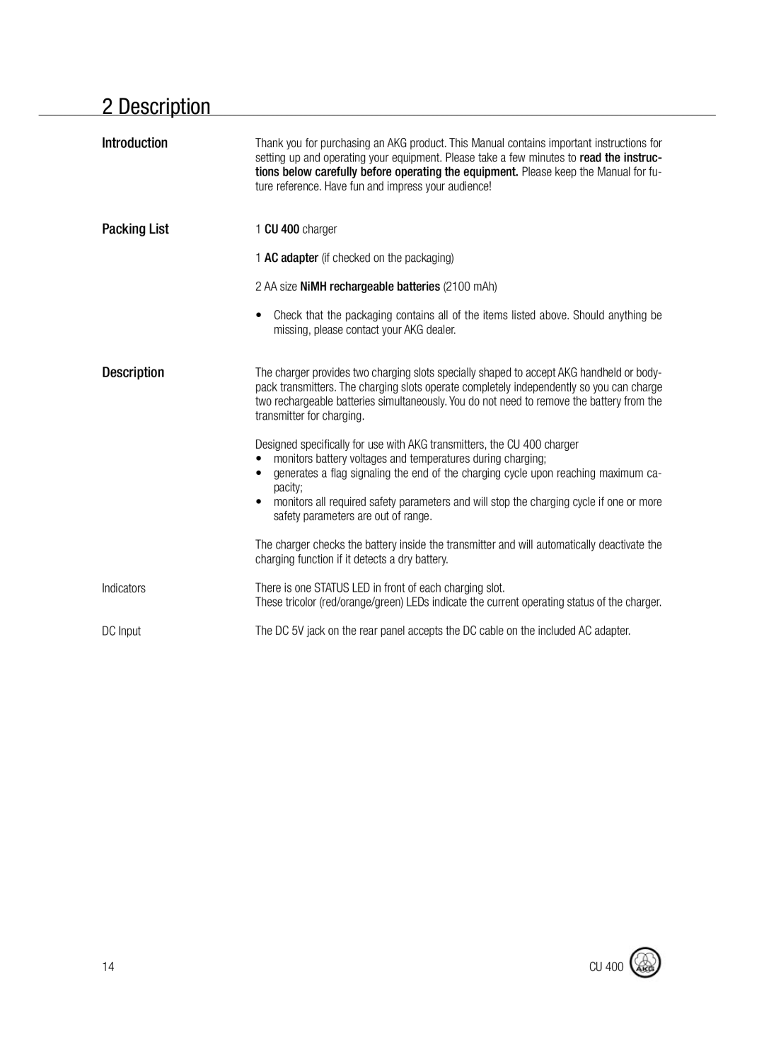 AKG Acoustics CU400 manual Description, Introduction, Packing List 