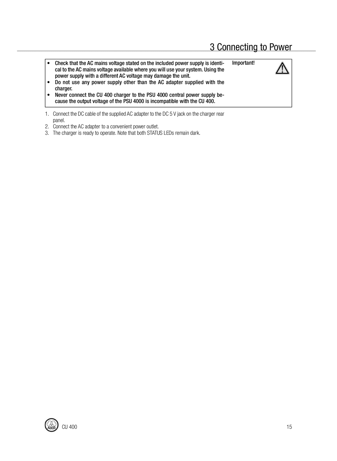 AKG Acoustics CU400 manual Connecting to Power 