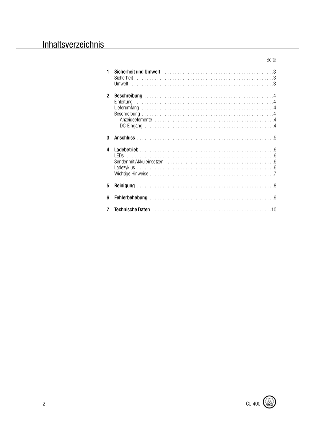 AKG Acoustics CU400 manual Inhaltsverzeichnis, Seite 