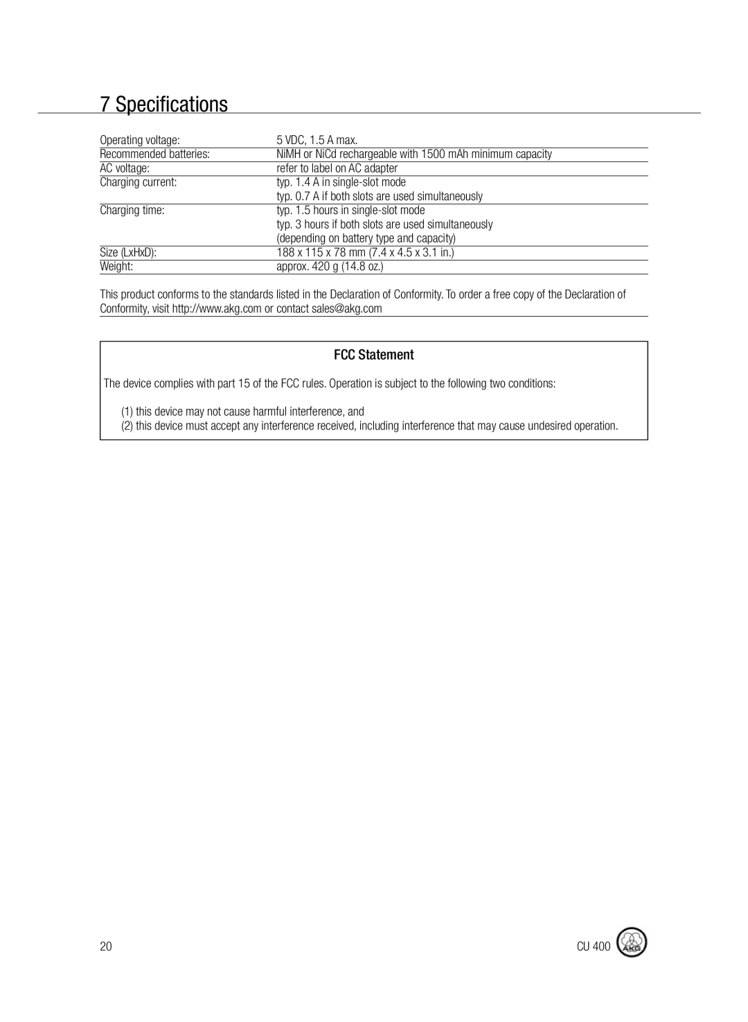 AKG Acoustics CU400 manual Specifications, FCC Statement 