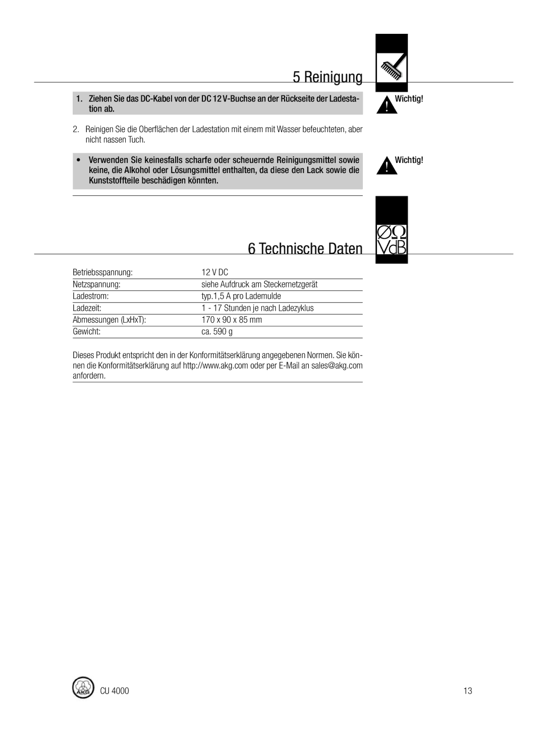 AKG Acoustics CU4000 manual Reinigung, Technische Daten 