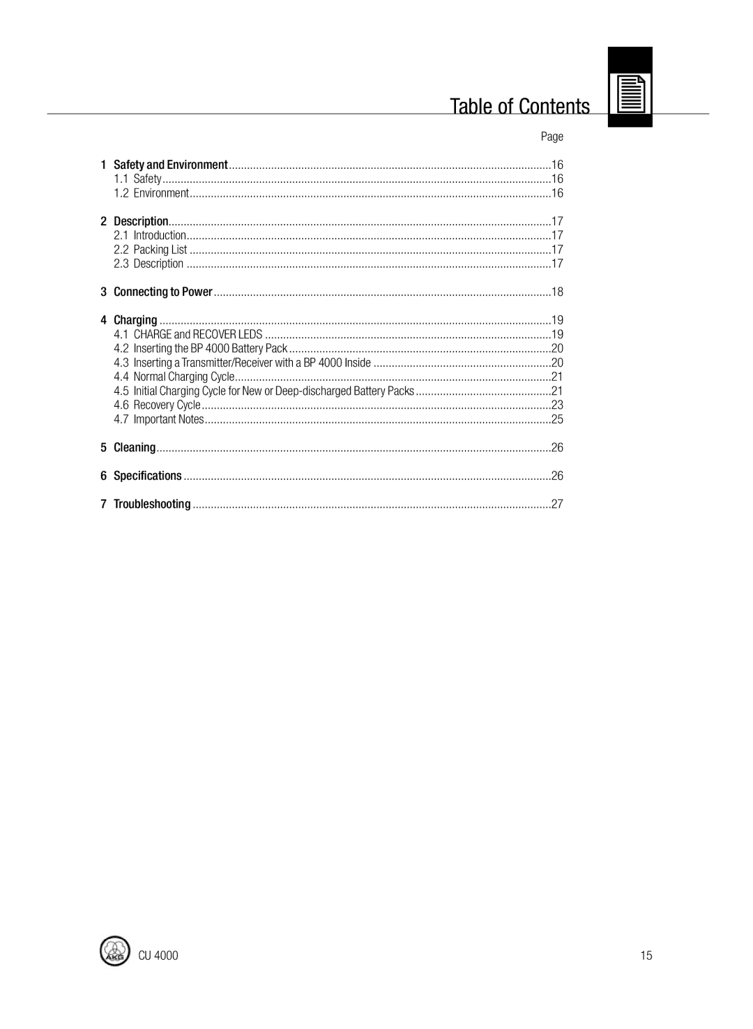 AKG Acoustics CU4000 manual Table of Contents 