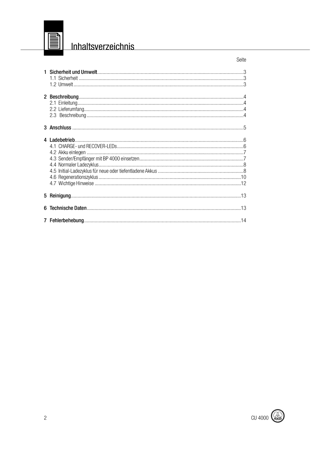 AKG Acoustics CU4000 manual Inhaltsverzeichnis 