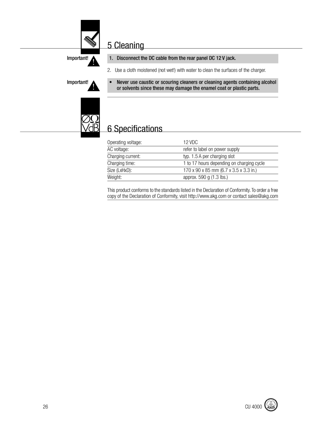 AKG Acoustics CU4000 manual Cleaning, Specifications, Disconnect the DC cable from the rear panel DC 12 V jack 