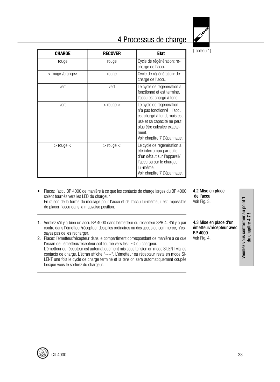 AKG Acoustics CU4000 manual Charge de l’accu, Ment, Lui-même, Mise en place de l’accu Voir Fig 